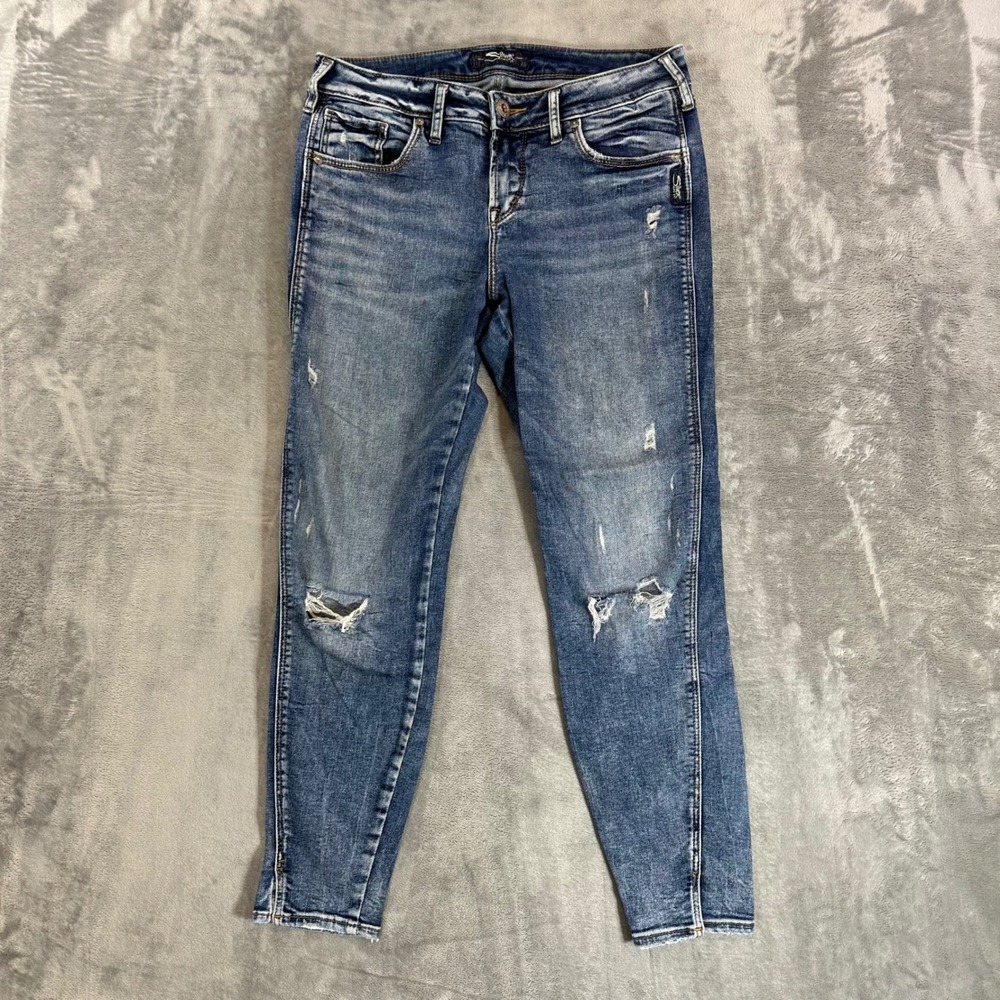 Silver Jeans Avery Ankle Skinny Jeans Women's Size 28x27 Blue‎ Distressed